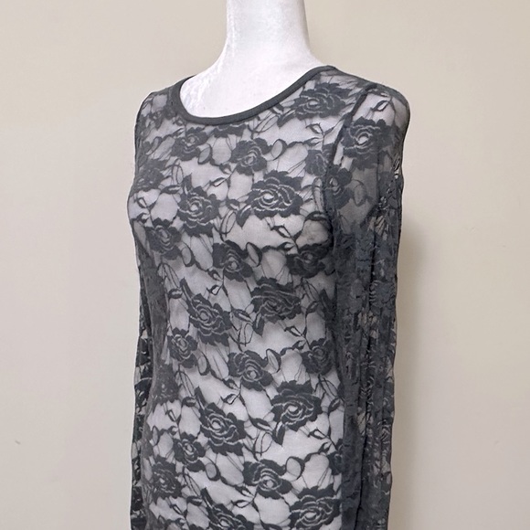 Color Story Sexy Sheer Gray Lace Roses Stretch Top Long Sleeves Pullover Top S/M - Picture 8 of 15